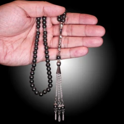 99 Beads Prayer Bracelet High-grade Beautiful Hiaqua Rosary Shiny Black Natural Stone Elastic String with 3 Fringe Pendants