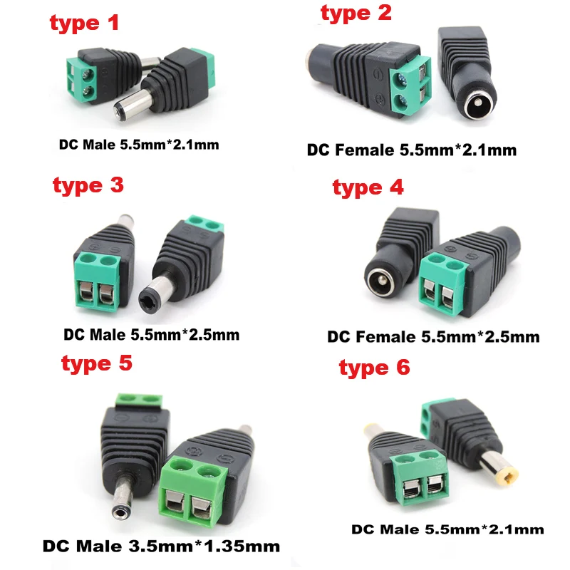 DCおよびオスコネクタ,オスプラグ,電源アダプター,LEDストリップライト,5.5x2.1mm, 5.5x2.5mm, 3.5x1.35mm