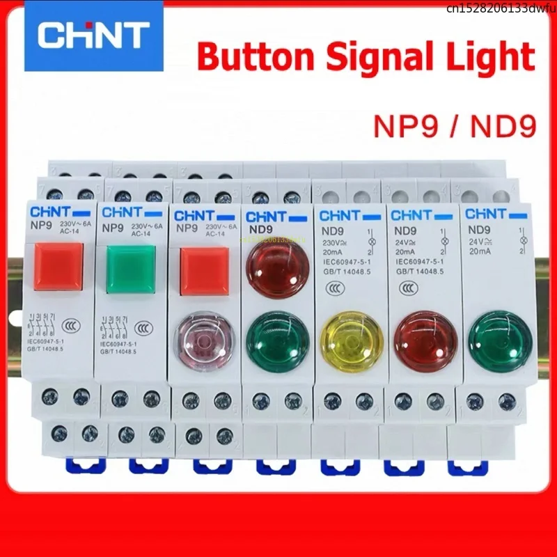 CHINT ND9 NP9 Din Rail Power Indicator Light AC DC 220V Green Red LED Signal Light 24V Button Switch Self Reset Start with Light