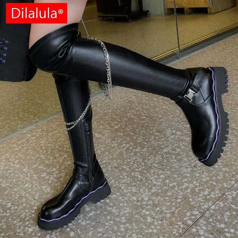 Dilalula New Women Over The Knee High Boots Autumn Winter Punk Chain Genuine Leather Thick Heels Party Dating Shoes Woman 2024