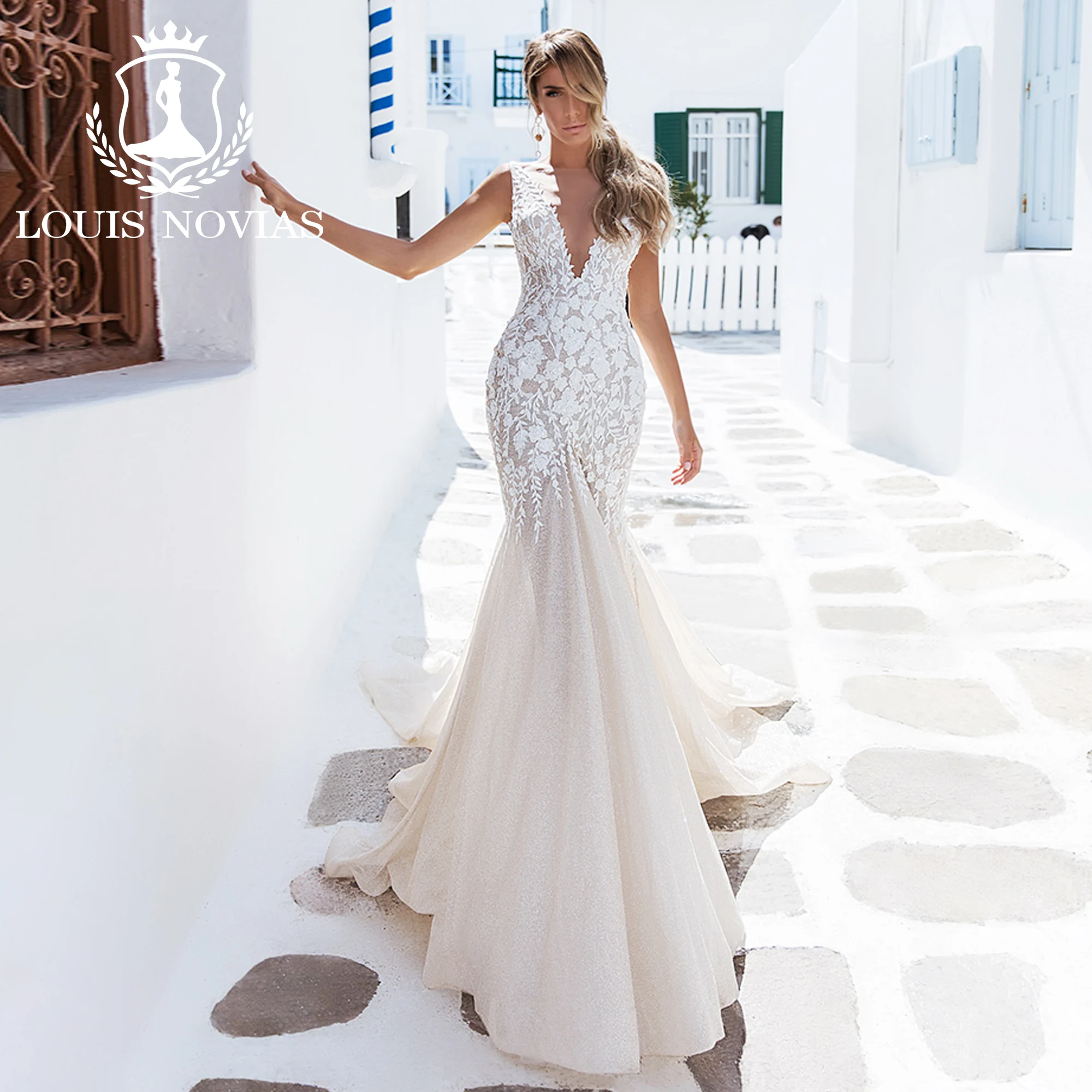

LOUIS NOVIAS свадебное платье русалки с длинными рукавами, сексуальное тонкое свадебное платье с v-образным вырезом на бретельках и вышивкой, Vestidos De Novia