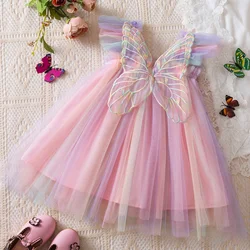 Baby Girls Gradient Rainbow Tulle Sling Dress 3D Butterfly Mesh Vestido Vintage Children Wedding Birthday Party Princess Dresses