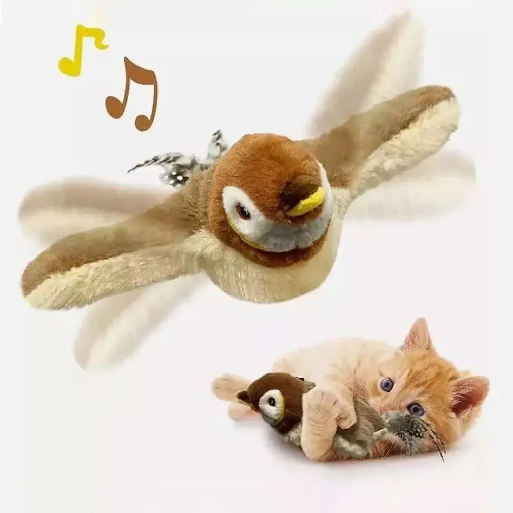 Electronic Flapping Bird Sparrow Cat Toy Hangable USB Interactive Flying Bird Cat Toys Touch-Activated Vivid Chirping