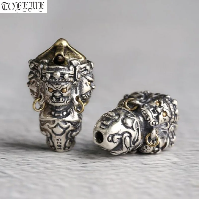 Handmade Real 925 Silver Tibetan Black Jambhala Guru Bead Sterling Buddhist Mahakala Three-way Bead Good Luck Bead