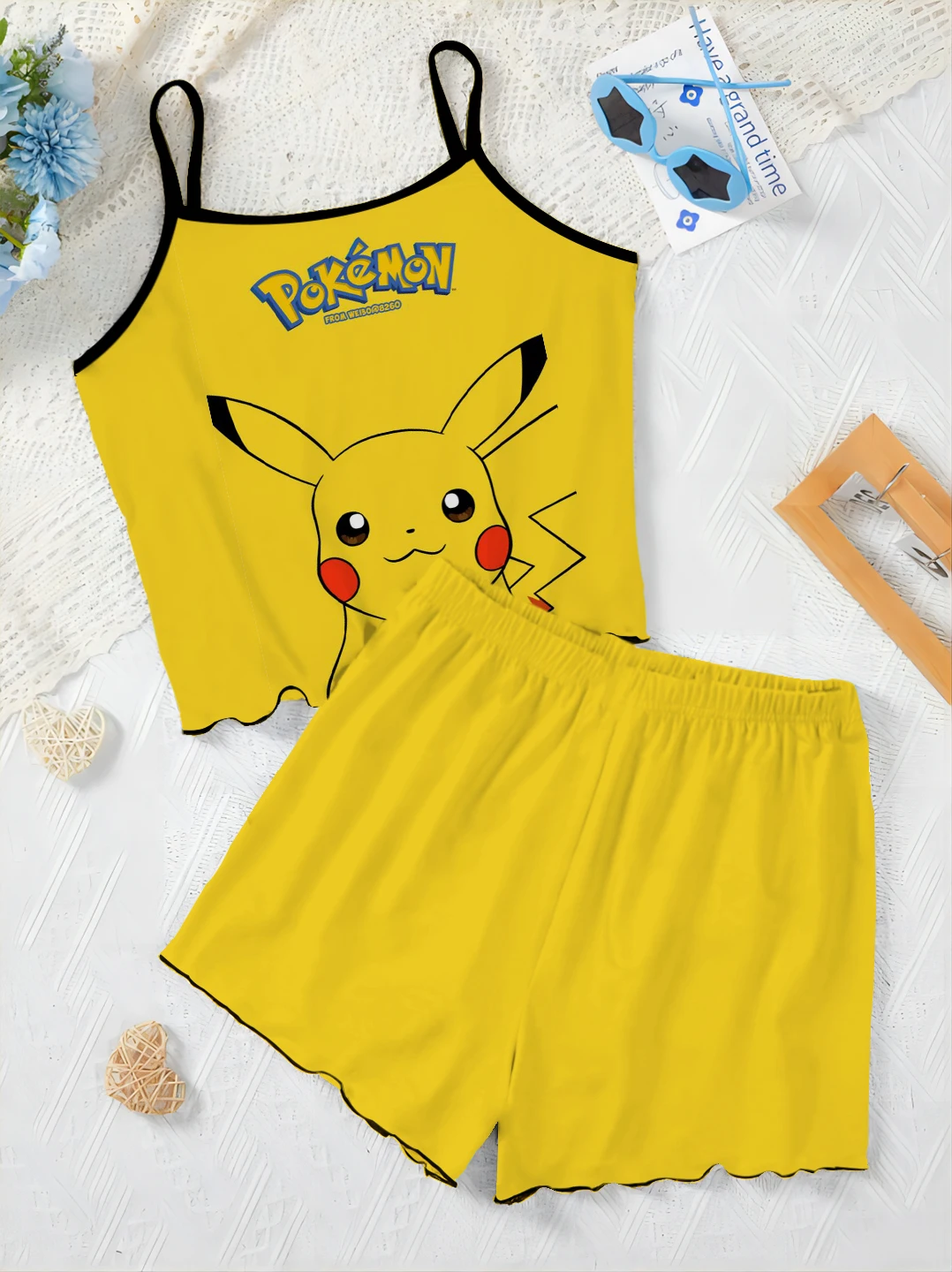 Women's Suit Pajama Skirt Pikachu Home Dress Top Pokémon Short Sets Lettuce Trim T-shirt Pieces Elegant Slip Dress Top Matching