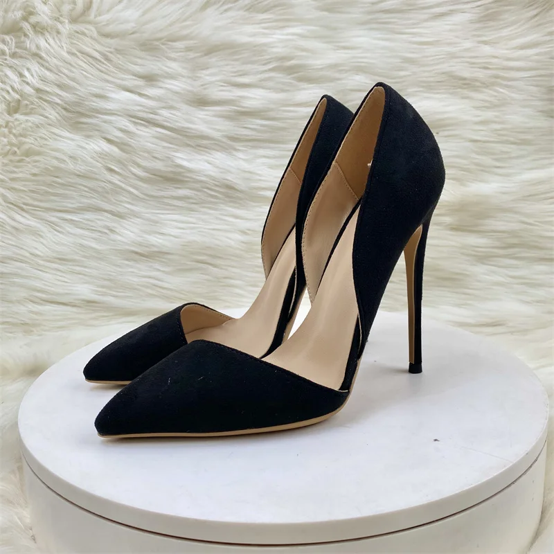 Black Suede Pointy Toe Side Cut High Heel Shoes with Spikes Sexy Suede Slip On Stiletto Pumps for Party Show Wedding