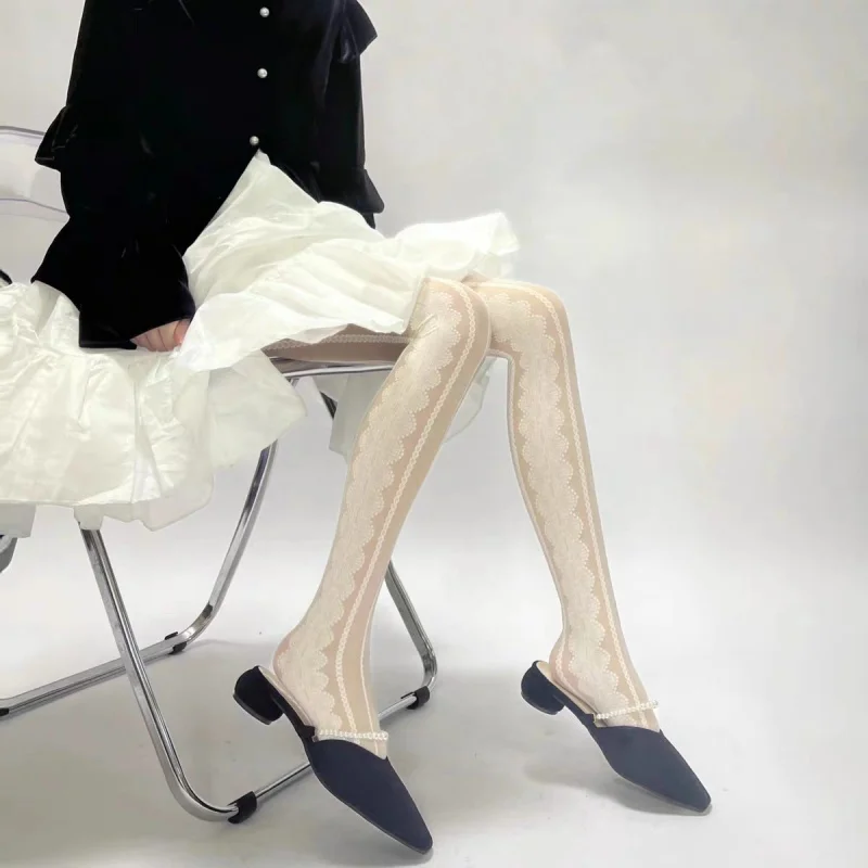 French Style Elegant Retro Side Lace White Stockings Ultra-Thin Vertical Stripes Jacquard Female Lolita Pantyhose