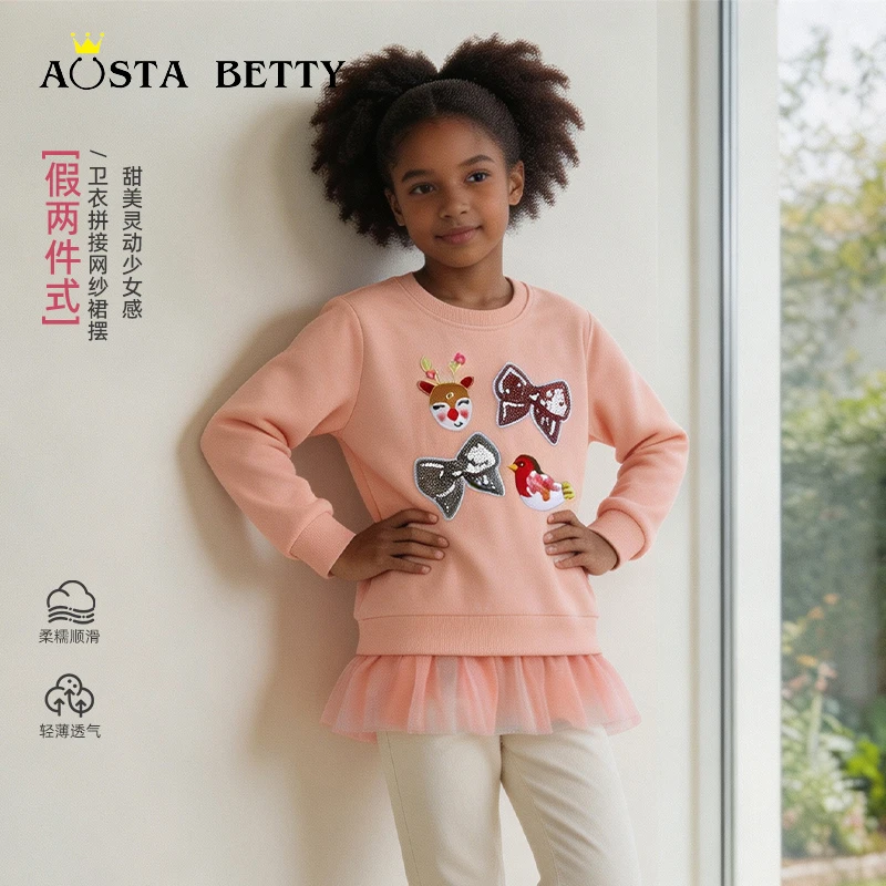 Autumn new arrival girls' sweatshirt European and American style sequin bow knot knitted cotton crew neck toddler top