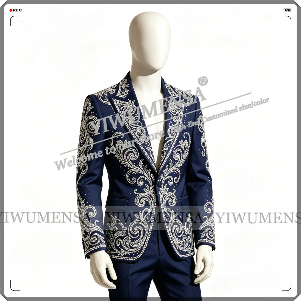 Exclusive Crystals Beading Suit For Wedding Single Breated Jacket Pants 2 Pieces Sets Groom Formal Wear Party  Tuxedos Outfits
