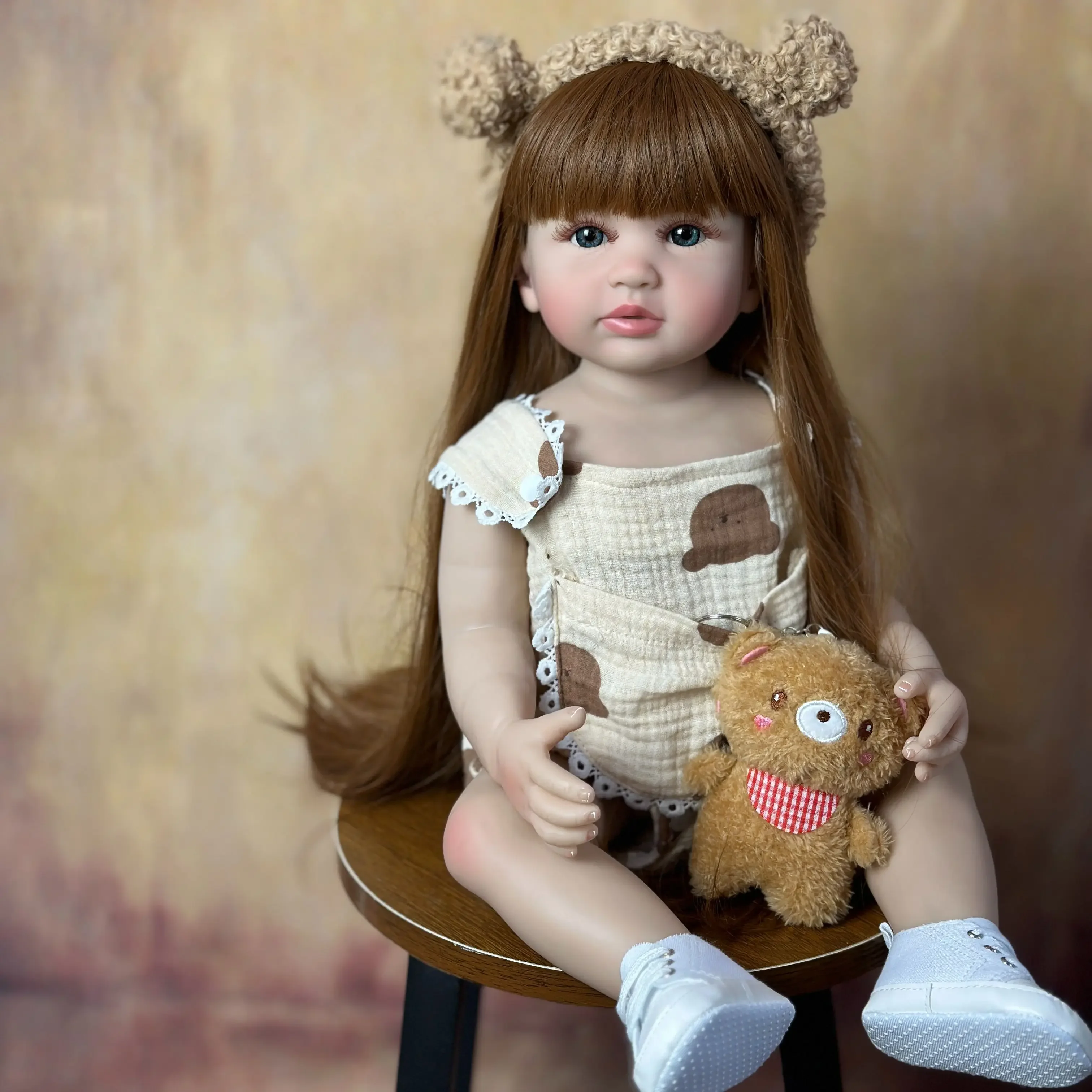 BZDOLL Lifelike 55cm 22inch Reborn Baby Girl Doll Toy Full Silicone Body Brown Long Hair Newborn Princess Toddler Bebe Cute Gift