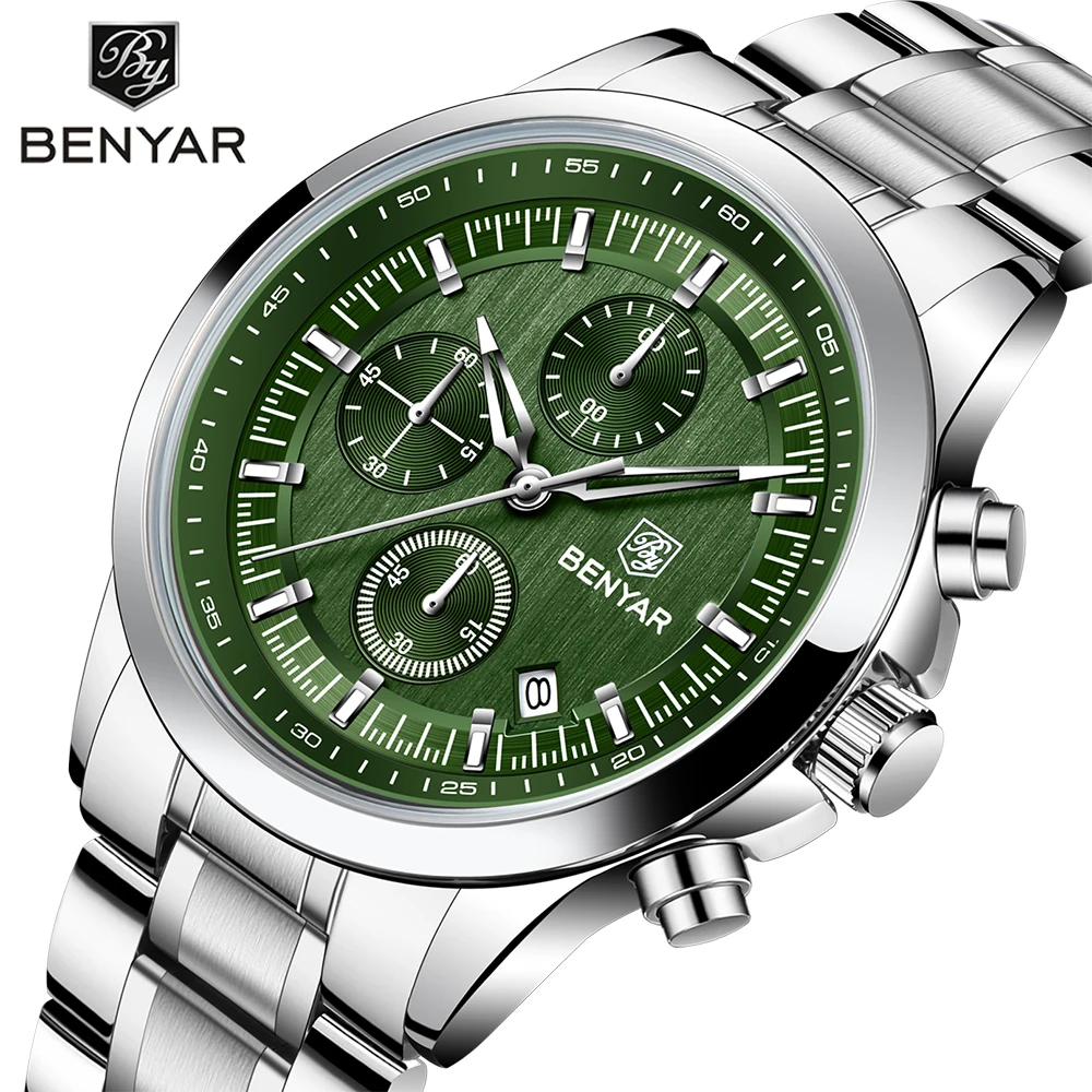 BENYAR 2024 New 40MM Men\'s Quartz Watch 50M Waterproof Diving Watch Luxury Fashion Men\'s Stainless Steel/Leather Watch