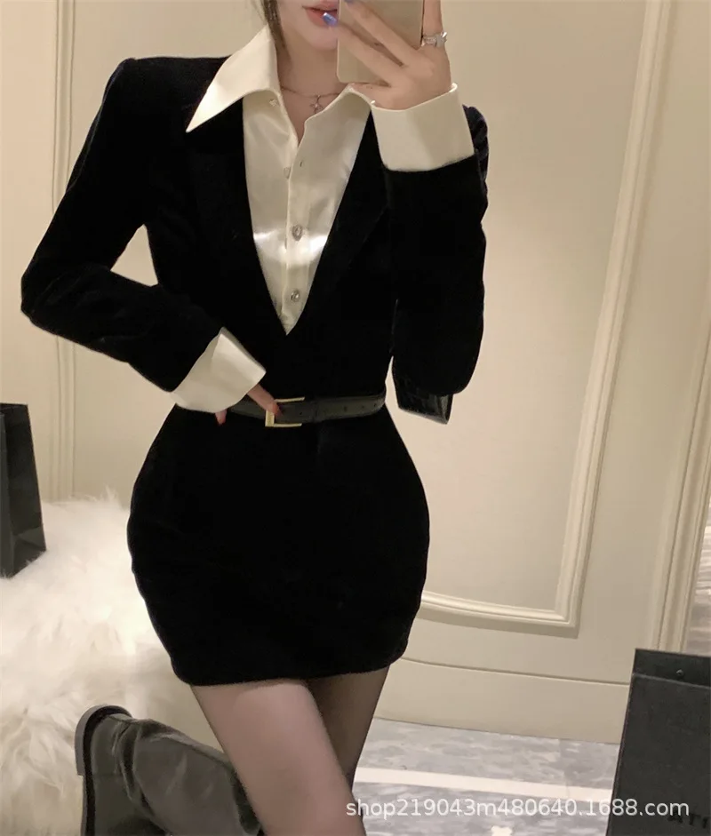 Damen Y2K Schwarzes Kurzkleid mit Hoher Taille, Schlankmachendes Fake-Two-Piece-Design, Streetwear, Enger Rock, Rein Sexy, Herbst-Winter-Mode – Detail 7