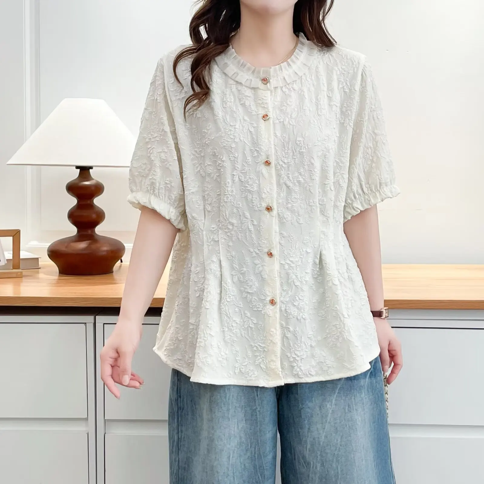 2026 Summer Plus Size Jacquard Cardigan Shirt Short Sleeve Ruffle Waist Slim Fit Tops For Curvy Women #1219 view 3