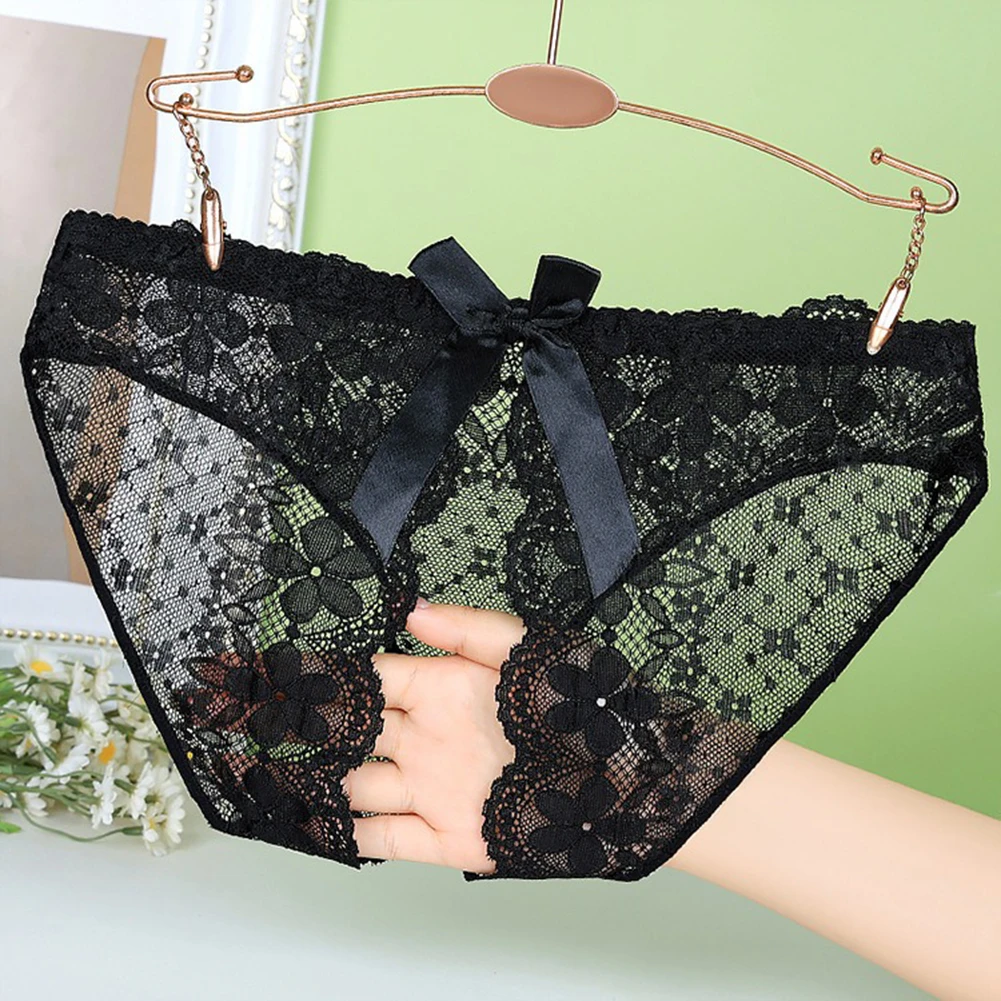 Womens Open Crotch Briefs Bow Crotchless Mesh Embroidery Sexy Panties Lace Lingerie See Through Underwear Ultra-Thin Underpants