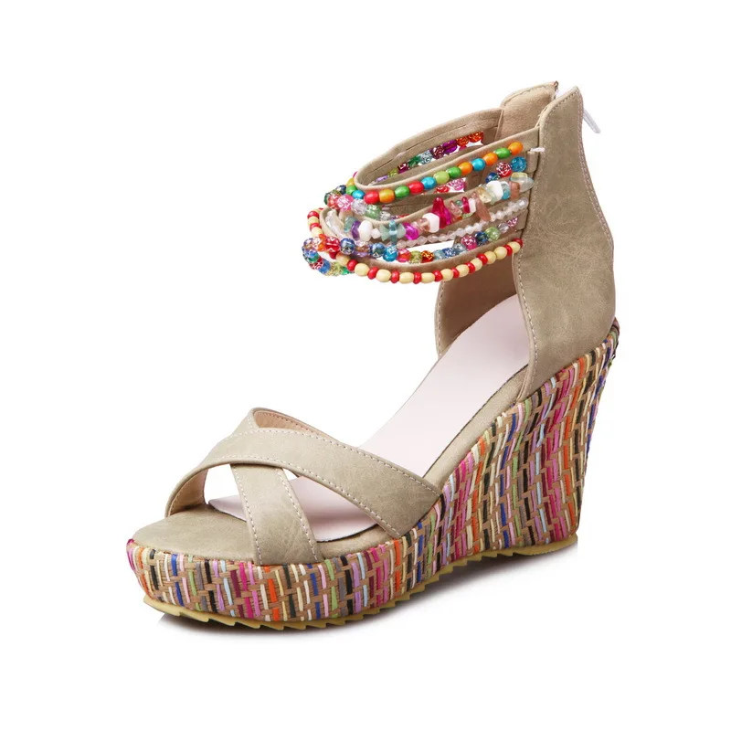 

2025 New Ethnic Style Women's Shoes Handmade Beaded Open Toe High Heel Thick Sole Slope Heel Sandals