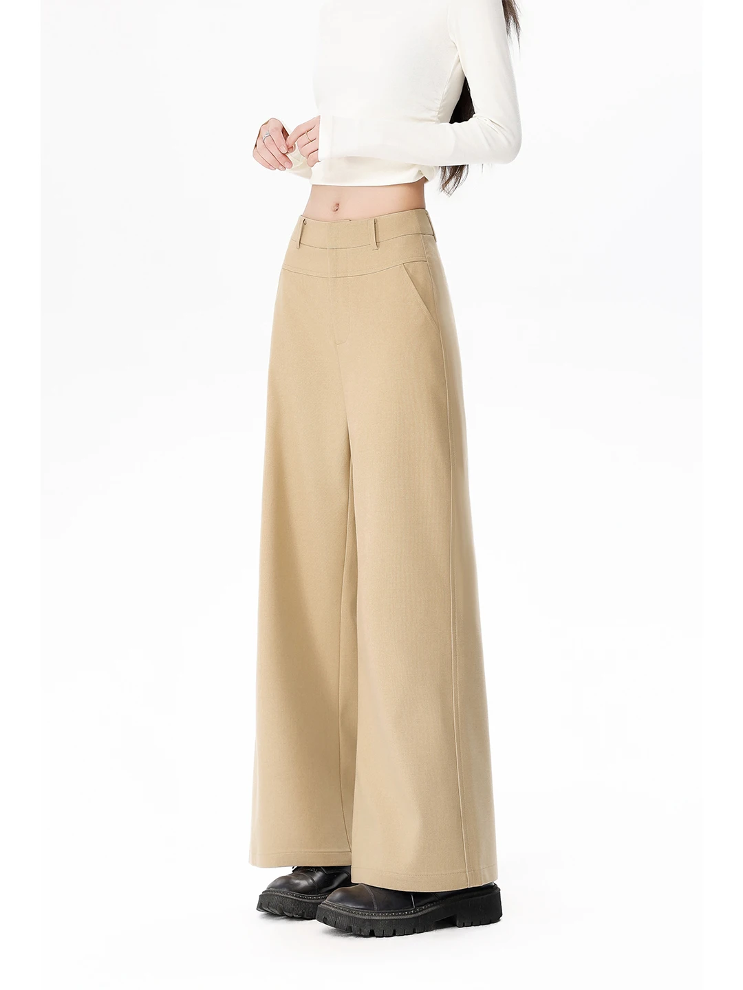 

Khaki Wide Leg Pants Women's Casual Straight Cut Trousers Autumn Winter New Sle High Waist Zipper ket Skin-friendly Brea...