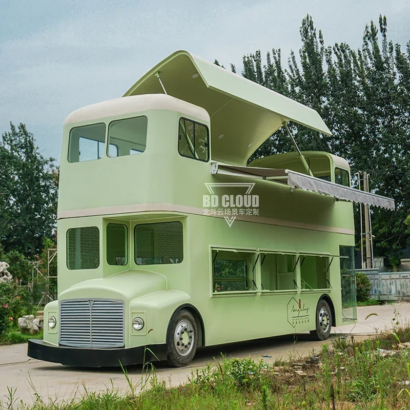 British classic retro double-decker bus scenic camping commercial open camp large mobile dining car