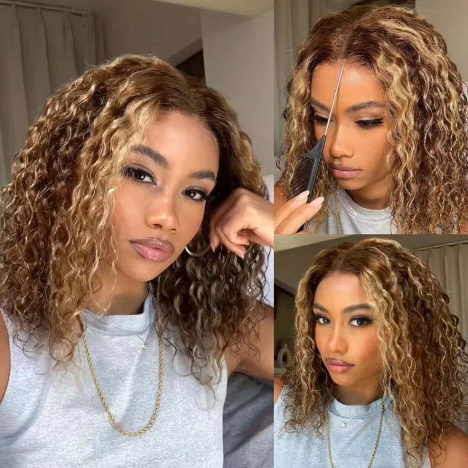 Glueless Lace Wigs Bob Wig Human Hair Deep Wave Short Human Hair Wigs Highlight 5X5 Hd Lace Closure Wig Pre Plucked Pre Cut 16In