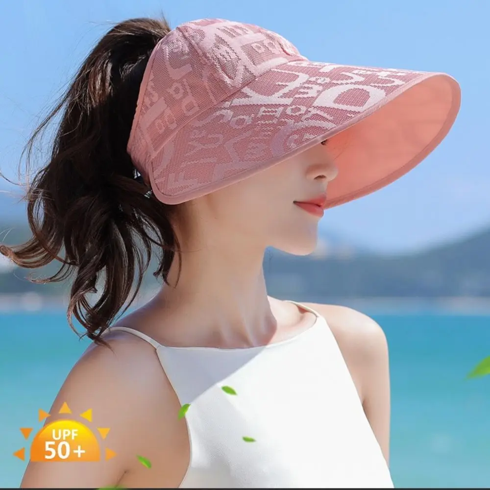 

Stylish Letter Large Brim Sun Hat UV Protection Removable UV Protection Hat Breathable Stripes Sunscreen Bucket Cap Women