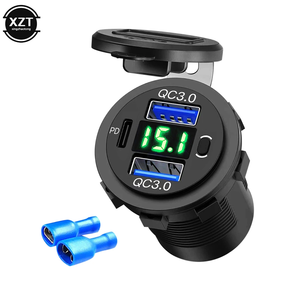60W PD Dual QC 3.0 USB Charger with Digital Voltmeter Switch Socket Power Outlet Adapter Waterproof 12V 24V Car Truck Motorcycle