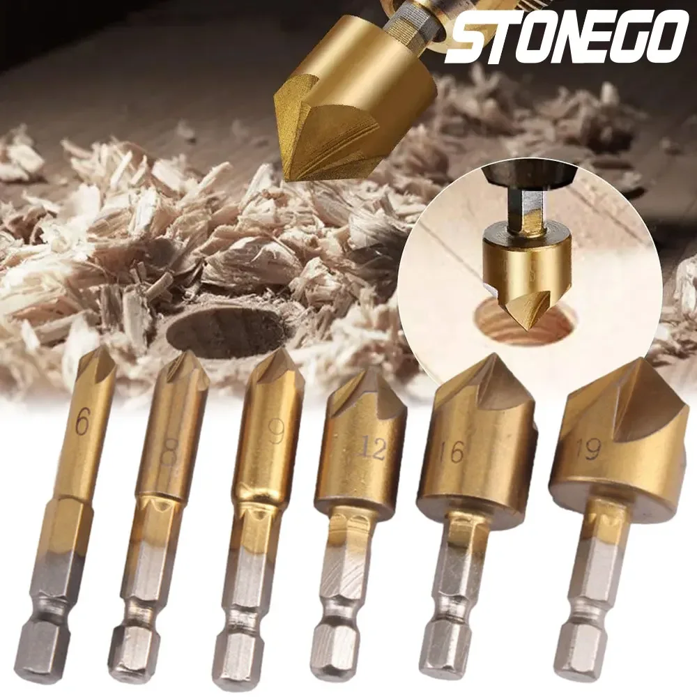 STONEGO 1/6Pcs Hss Countersink Boring Drill Bit Set for Wood Metal Quick Change Drill Bit Tool Hex Chamfer Drill Tool Set