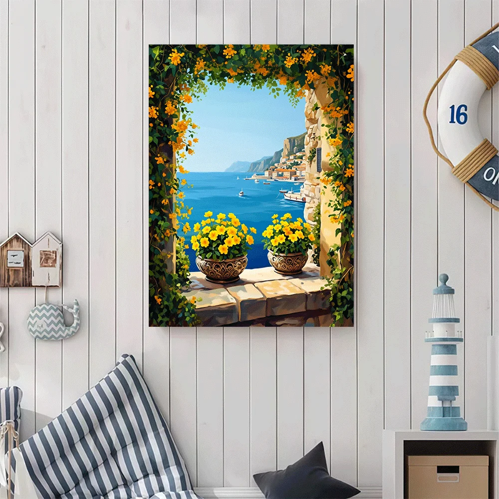 1PC-Canvas poster Unframed  Mediterranean Sea View Floral Window Canvas Art  summer