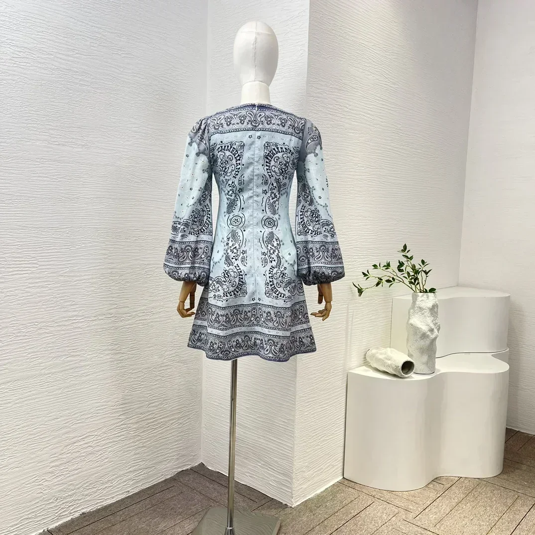 2024 New Collection Blue Paisley Floral Print High Quality Linen Long Lantern Sleeve Hole Buttons Women Vintage Mini Dress