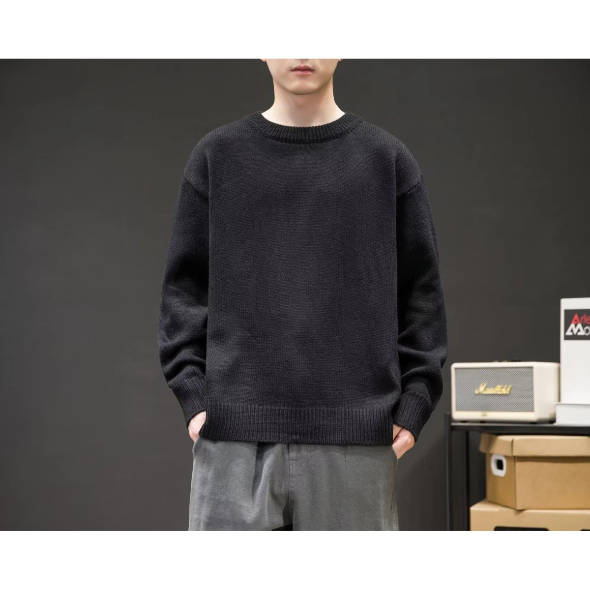 

Japanese Sle Lazy Faion Color Men's Knitted Sweater Spring Autumn INS Versatile Overhead Bot Line round Ne Kni...