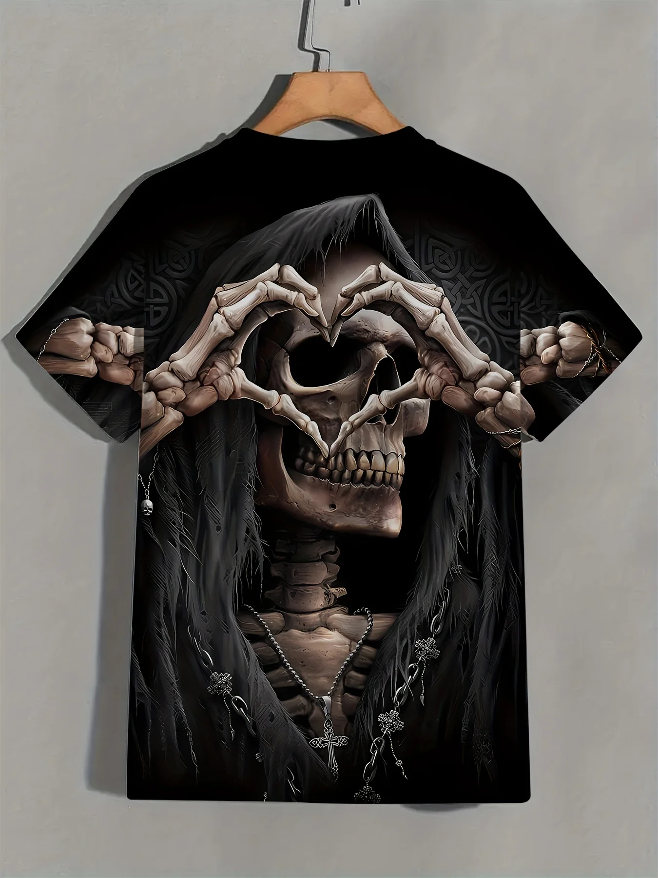 Men's Grim Reaper Skeleton Heart Hands Print T-Shirt Gothic Dark Skull Cross Chain Streetwear Tee
