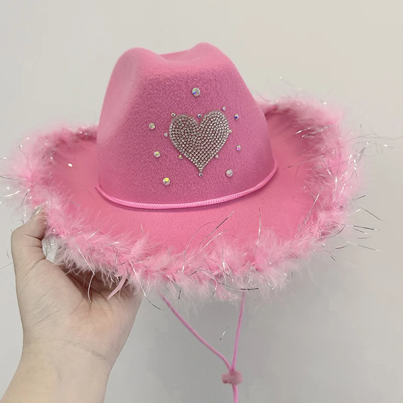 Lamuusaa Cowgirl Hats Women Western Style Fashion Party Warped Wide Brim with Rhinestone Heart Cowgirl Hat