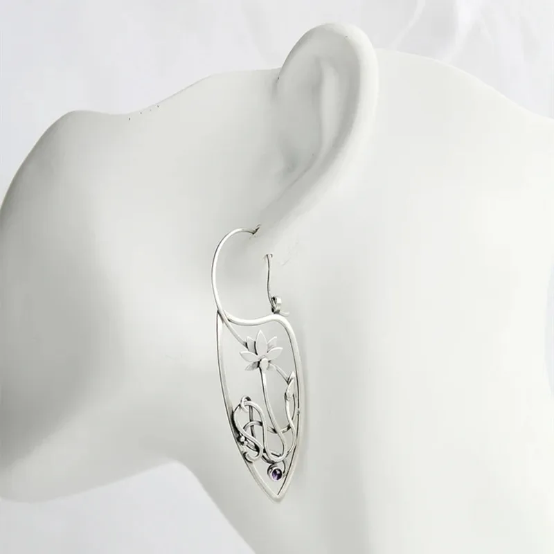 New Lotus Silver Color Earrings Elf Jewelry Fashion Floral Design Ladies Pendant Earrings Gift