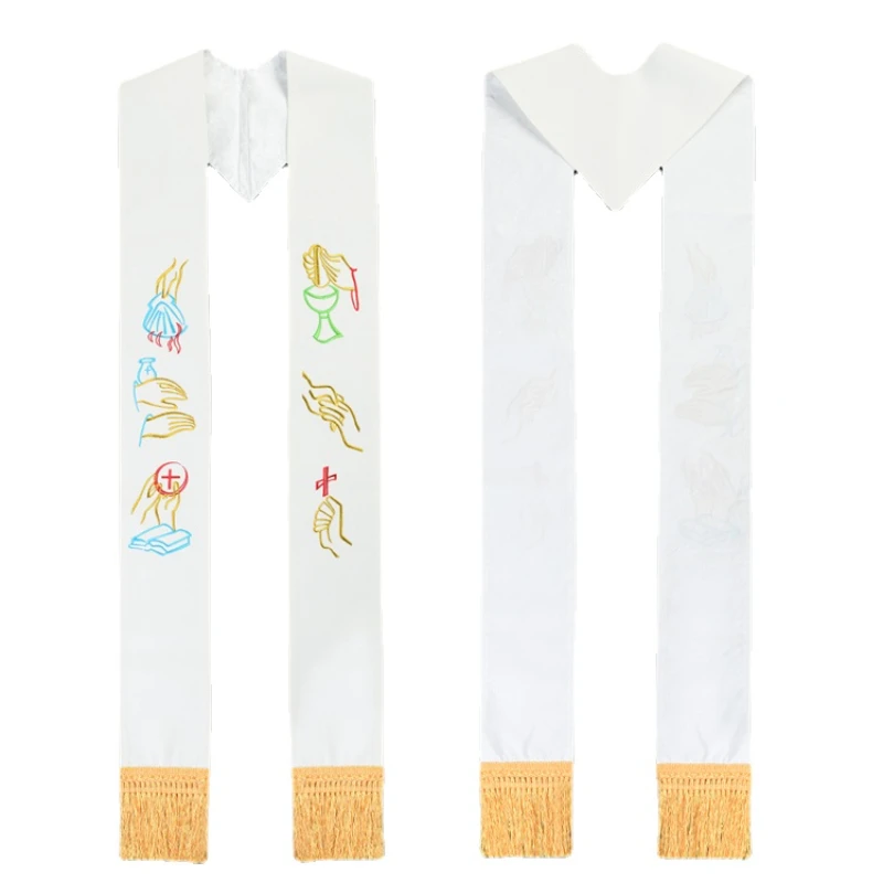 Clergy Stole White Embroidered Catholic Church Priest Scarf Accessories with Tassel Stola