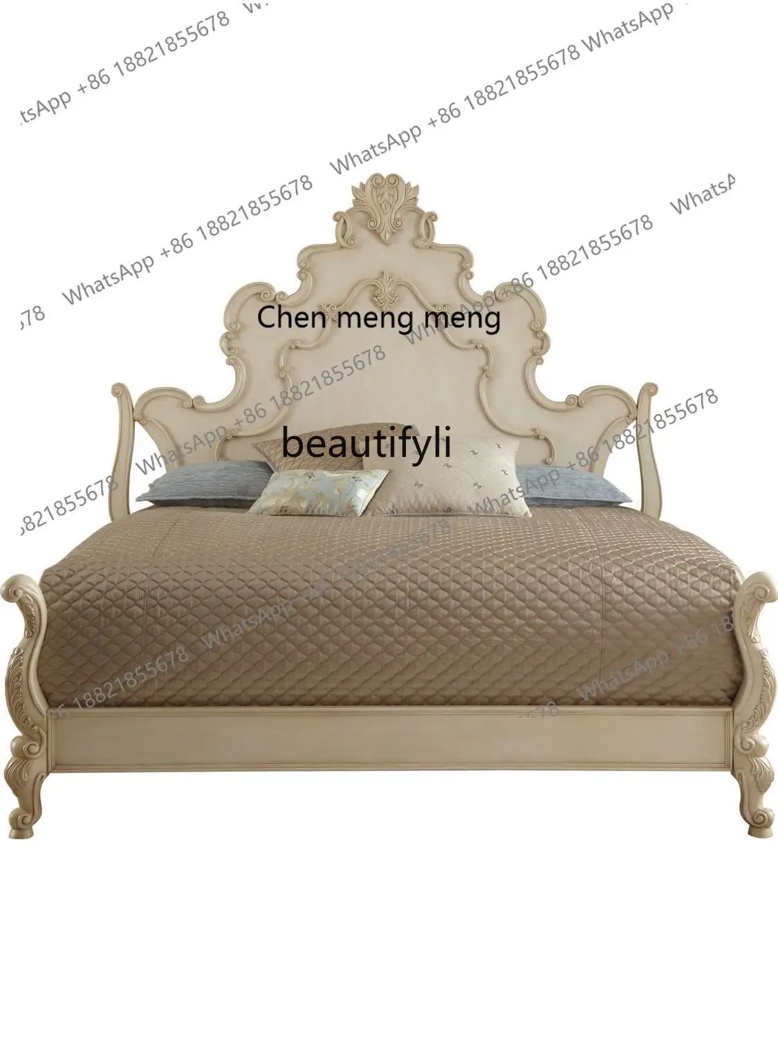 

X American Style French Style Wood Frame Carved Simple European Bedroom Double Bed Vintage Distressed Black and White