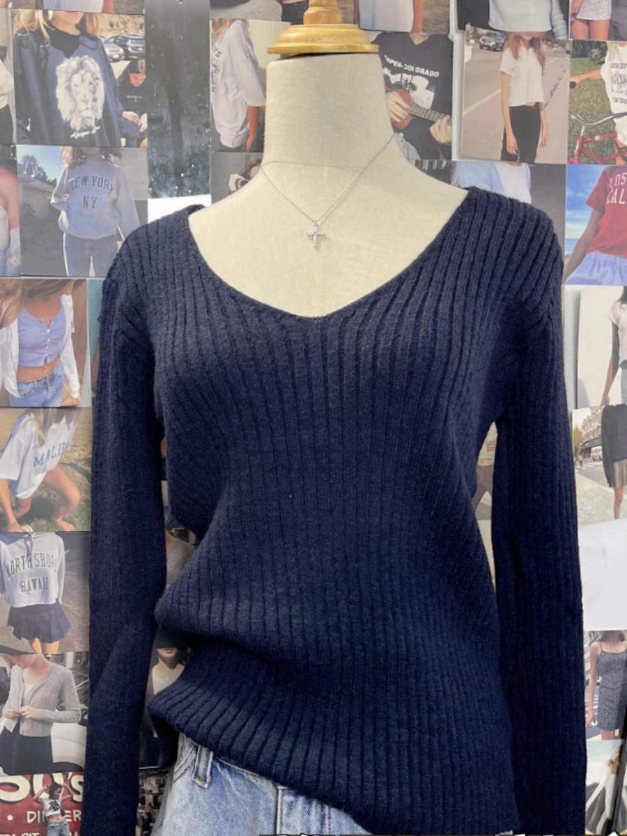 Vintage Navy Knitted Sweaters Women 2023 Autumn Sweet V Neck Long Sleeve Slim Y2k Tops Ladies Harajuku Cute Cotton Pull Sweater