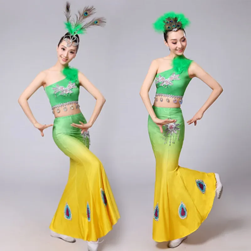 

New Woman Belly Dance Sexy Peacock Tarts Tail Dresses Belly Dance Lady Stage Performance Costumes 2 Colors 2 Kind Headdress