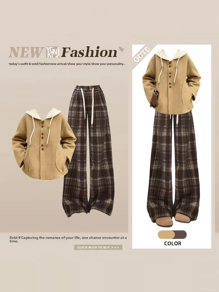 

Ретро Гонконгский клетчатый дэт с капюшоном и шнурком, повседневный топ, женские зимние широкие брюки, комплект из двух предметов