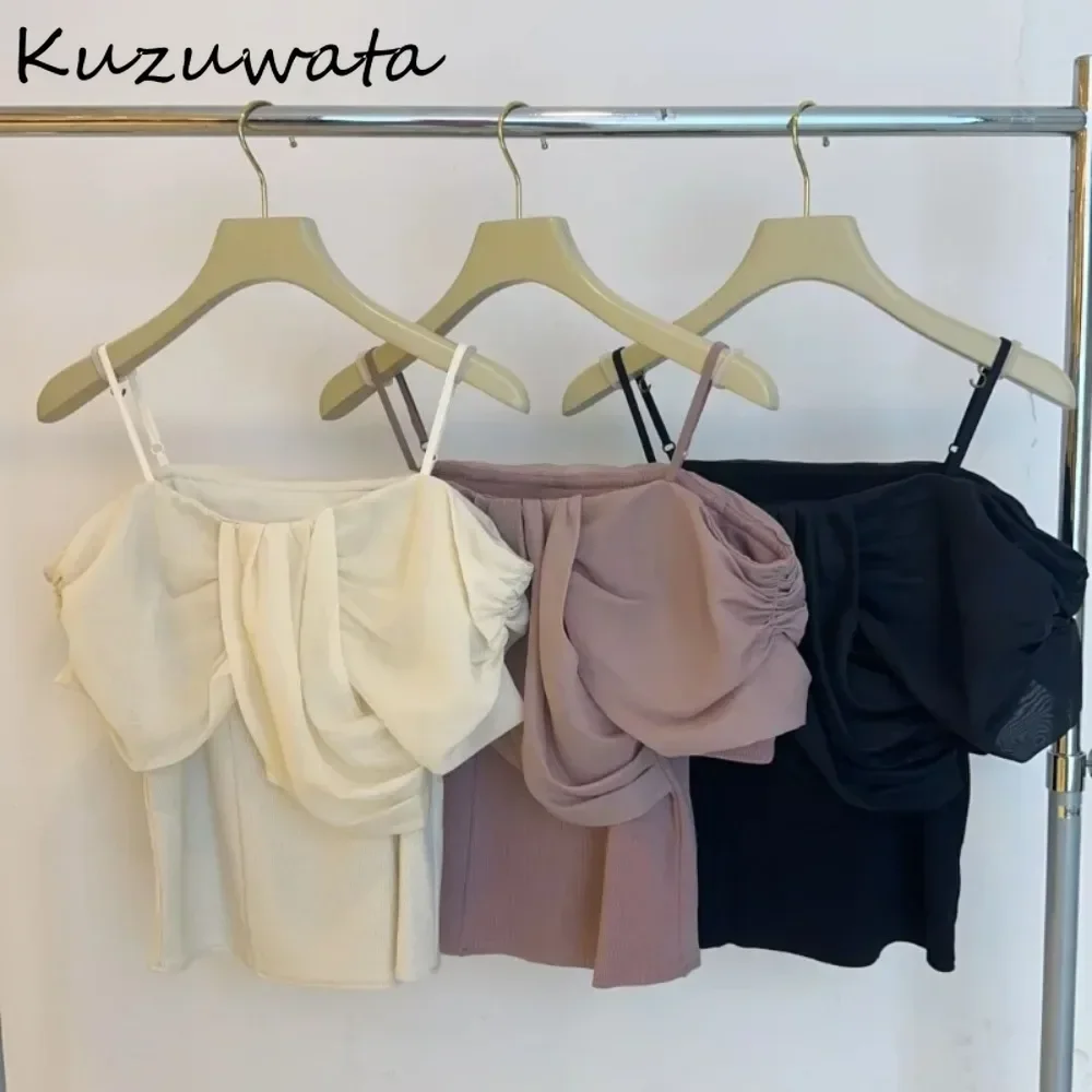 Kuzuwata Casual Cute Slash Neck Half Sleeve Tops Bow Voile Off Shoulder Sling Mujer Japanese 205 New Irregular Exquisite Shirt