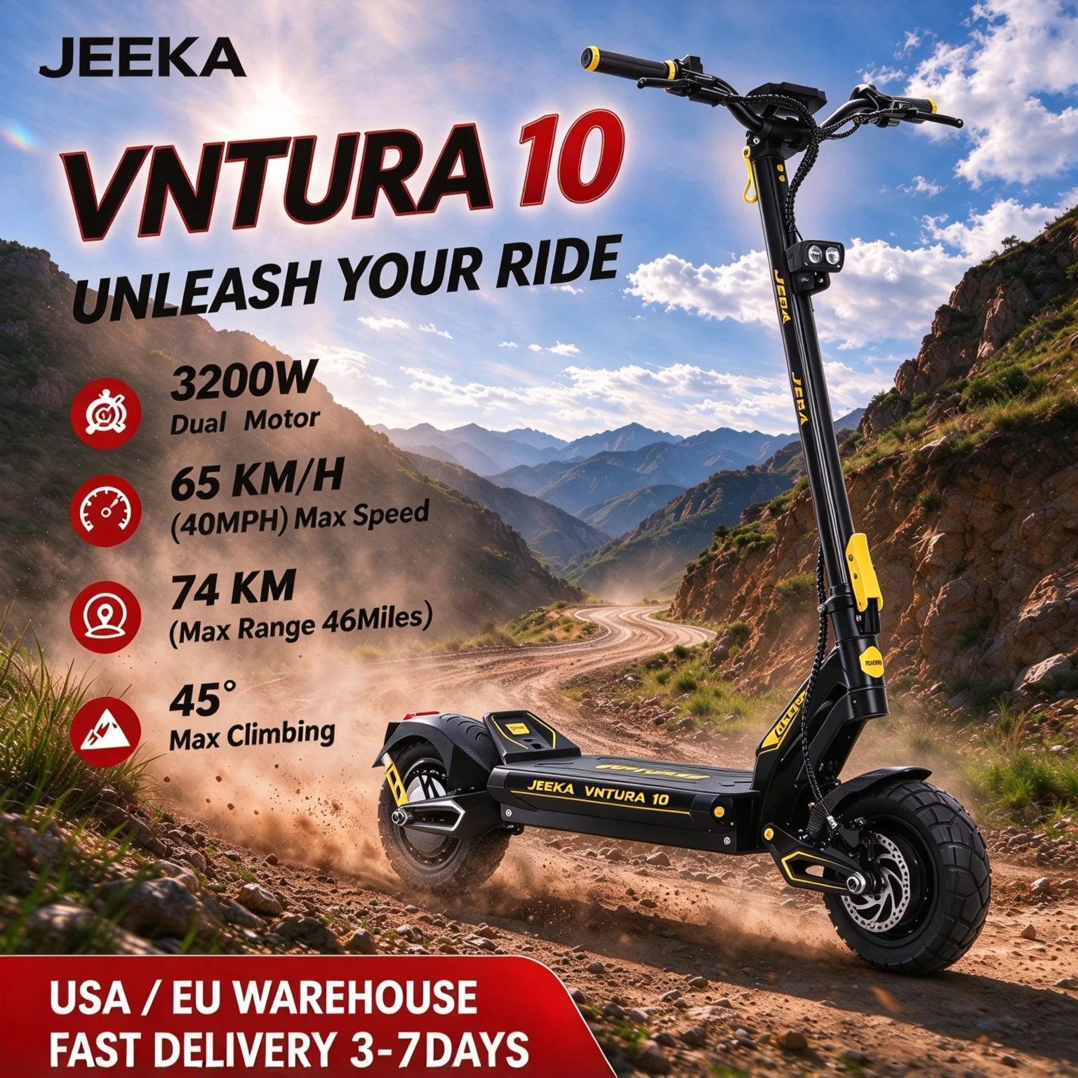 Foldable Electric Scooter 1200W Dual Motors 45MPH 52V20Ah Battery 45 Miles Range Dual-Arm Suspension Dual Hydraulic Disc Brakes 10Inch Anti-skid OffRoad Tires Aviation Aluminum Frame High Speed Stability for Commuting and Off-roading