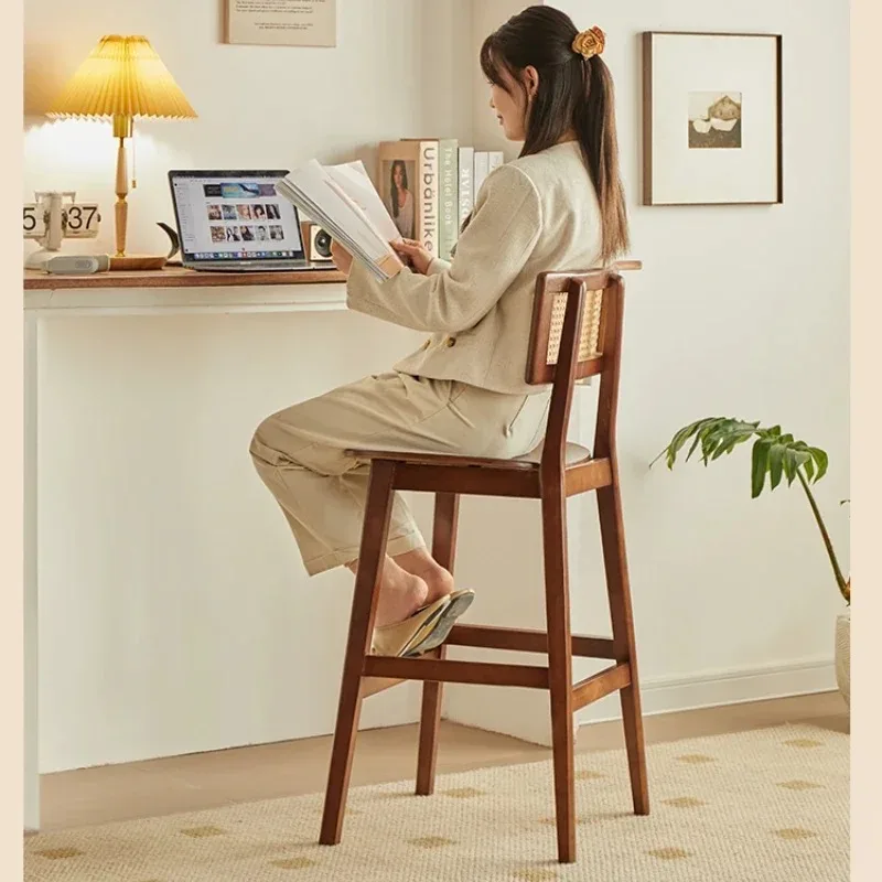 Middle Ancient Style Bar Chair Solid Wood Rattan Woven Backrest Seat High Footed Counter Stool Sturdy Durable Designer Furniture
