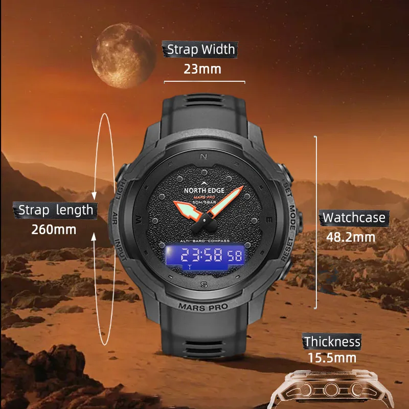 North Edge Mars Pro Jam Tangan Digital กีฬาสำหรับผู้ชายกองทัพคาร์บอนไฟเบอร์เครื่องวัดความสูงโครงนาฬิกาบารอมิเตอร์เข็มทิศกันน้ำ50เมตร