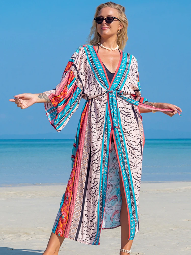 Swimsuit Cover Up Printed Kimono for Sea Boho Coverup Long Luxury Beach Outings Belted Swimwear Cape Holiday Bathing Suits Sales