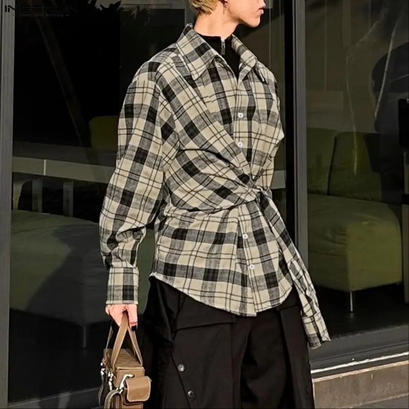 INCERUN Mannen Onregelmatige Shirts Plaid Revers Lange Mouw Lace Up Mannen Kleding Streetwear 2025, Koreaanse Stijl Losse Casual Mannelijke Shirts