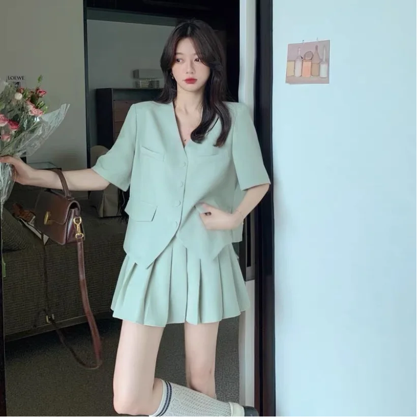 Single/Set Fashion Short Sleeve Suit Set Women\'s Summer Korean Edition Reduced Age Small Figure Pleated Skirt Two Piece Set