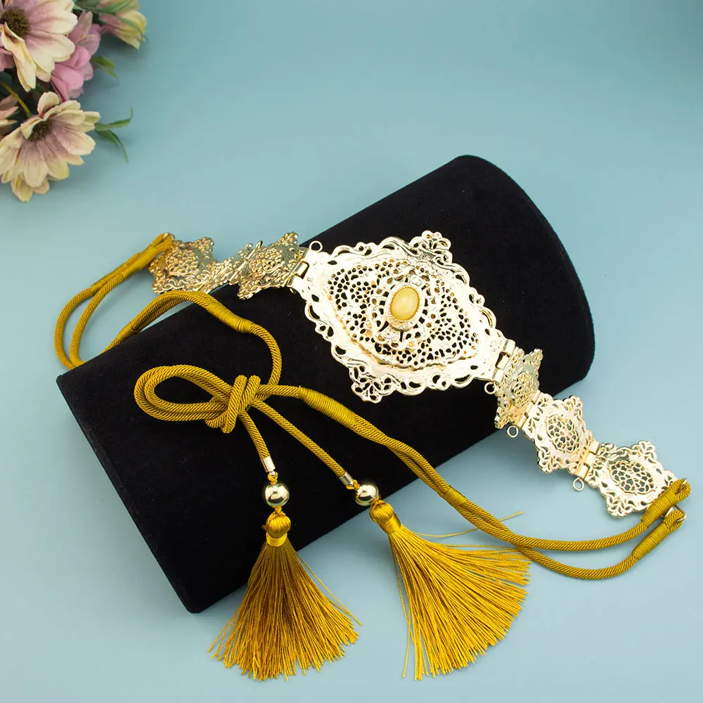 Neovisson Morocco Unique Yellow Jade Color Arabic Bride Jewelry Set Handmad Rope Belt Tassels Chain Long Beads Chain Necklace