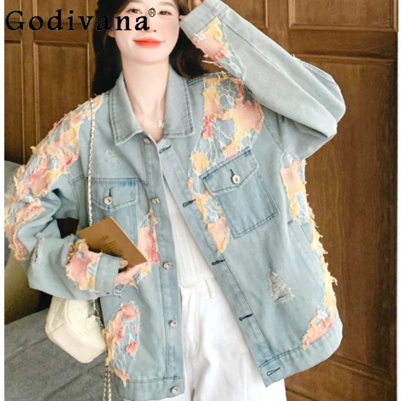 

XXXL Heavy Industry Do Old Spring Autumn Fashion Leisure Long Sleeve Denim Jacket Women Blue Versatile Lace Splicing Retro Top