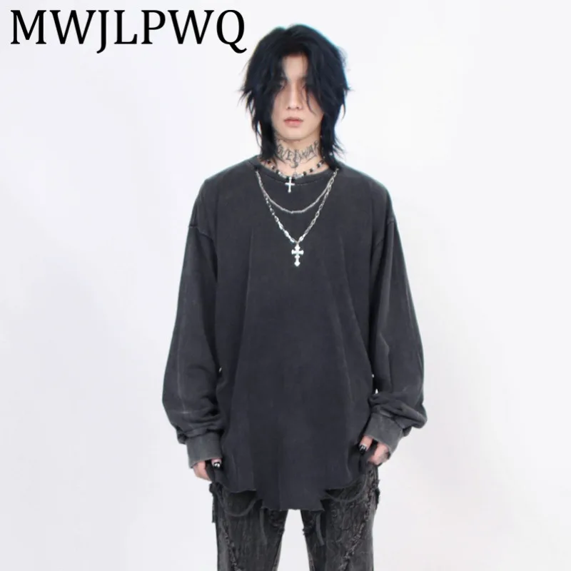 

MWJLPWQ High Street Vintage Washed Hem Hand-Cut Hole T-Shirt Men Solid Color Long Sleeve Autumn Versatile Loose Trend Tops 21098