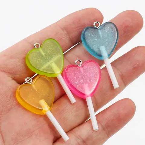 10 Uds. Colgantes de resina con forma de piruleta y corazones brillantes, bonitos dijes de dulces para fabricación de joyas, suministros Diy, pendientes, llaveros