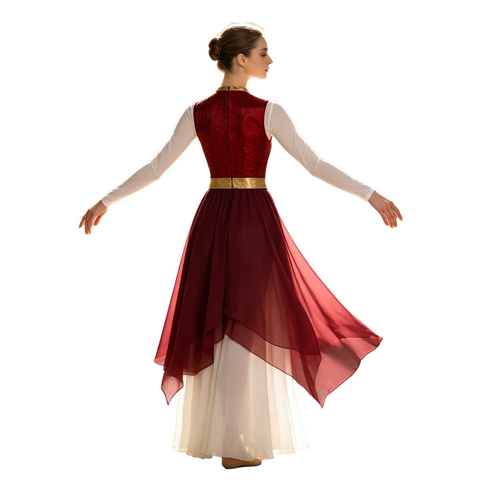Damen-Lyrik-Tanzkleid, Kostüm für Gottesdienste und Lobgesänge, mit Metallic-Print, aufgesetztem Oberteil, Schlüssellochausschnitt vorne, ärmellos, unregelmäßiger Saum, Tunika-Kleid. – Detail 10