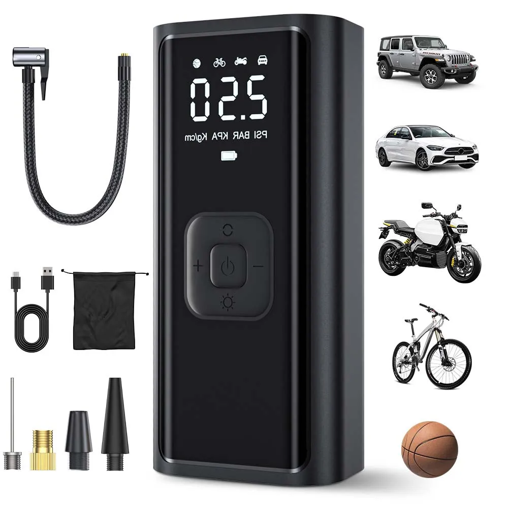 

Беспроводной автомобильный воздушный компрессор, портативный воздушный насос со светодиодным цифровым дисплеем для автомобилей, мотоциклов, велосипедов, электрический накачиватель шин