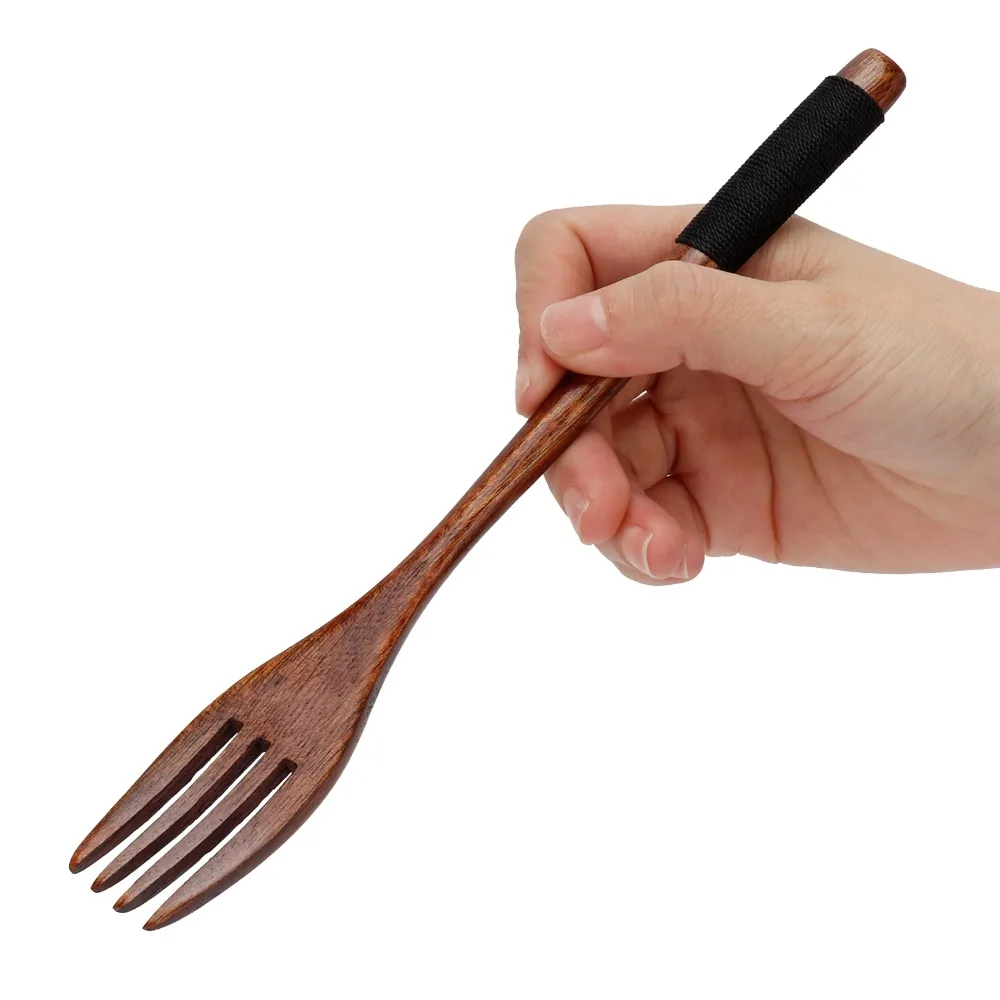 2Pcs Non Scratch Wood Fruit Fork Smooth Polished Black Line Handle Cooking Fork Practical Solid Serving Fork Food Picking